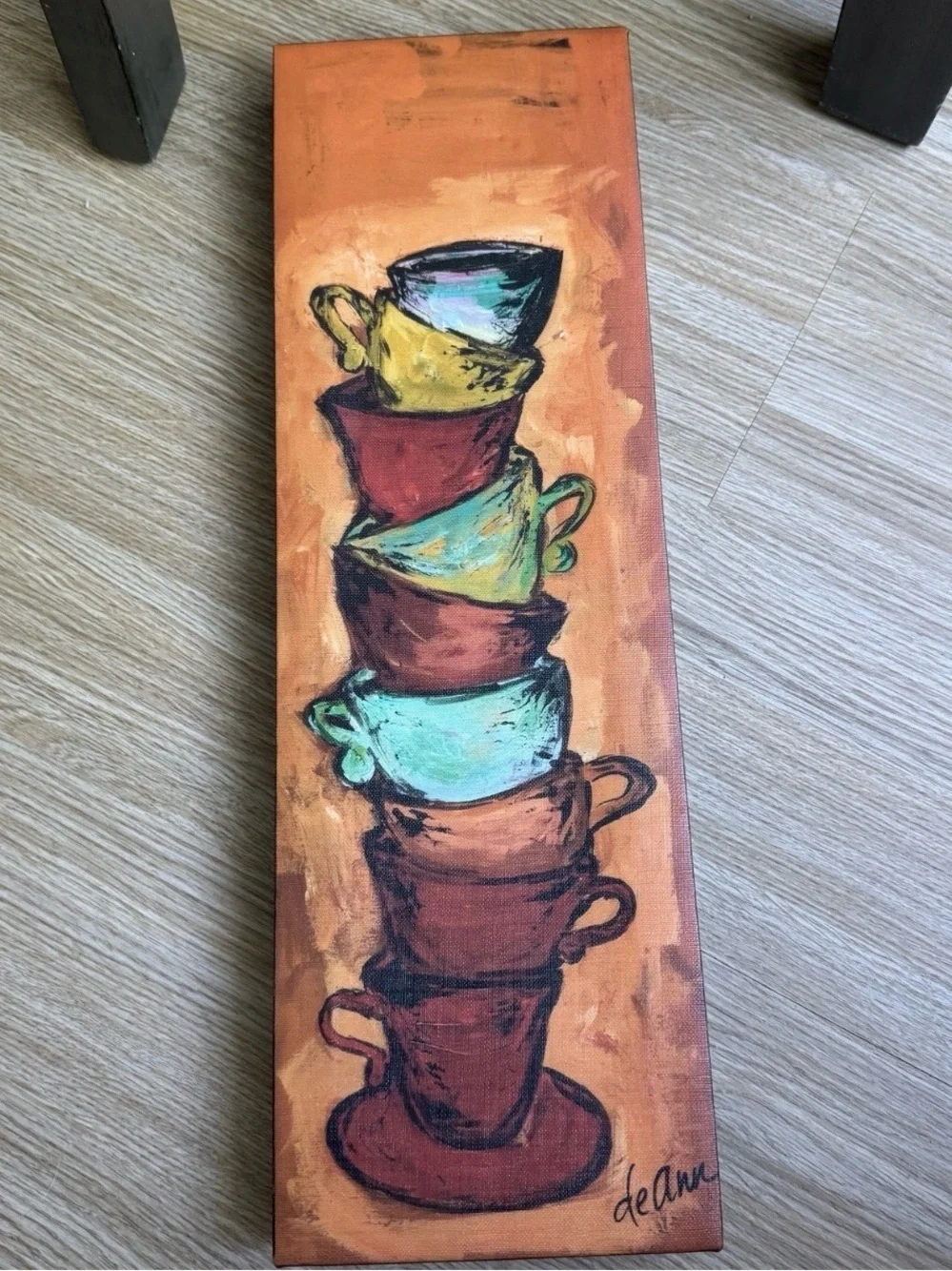 Deann Herbert Original Oil Palette, orange 6 tea cups stacked, signed